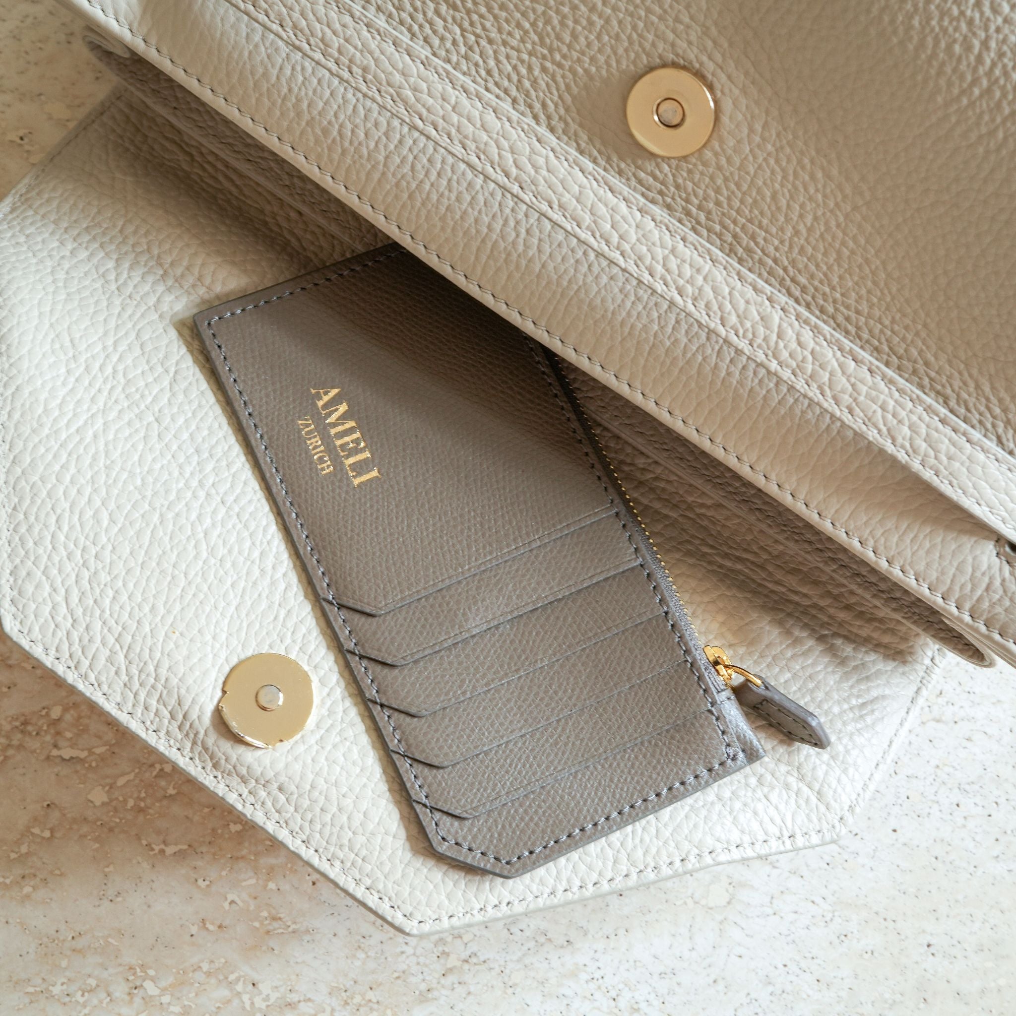 AMELI Zurich | Card holder | Greige | Pebbled Leather | Front