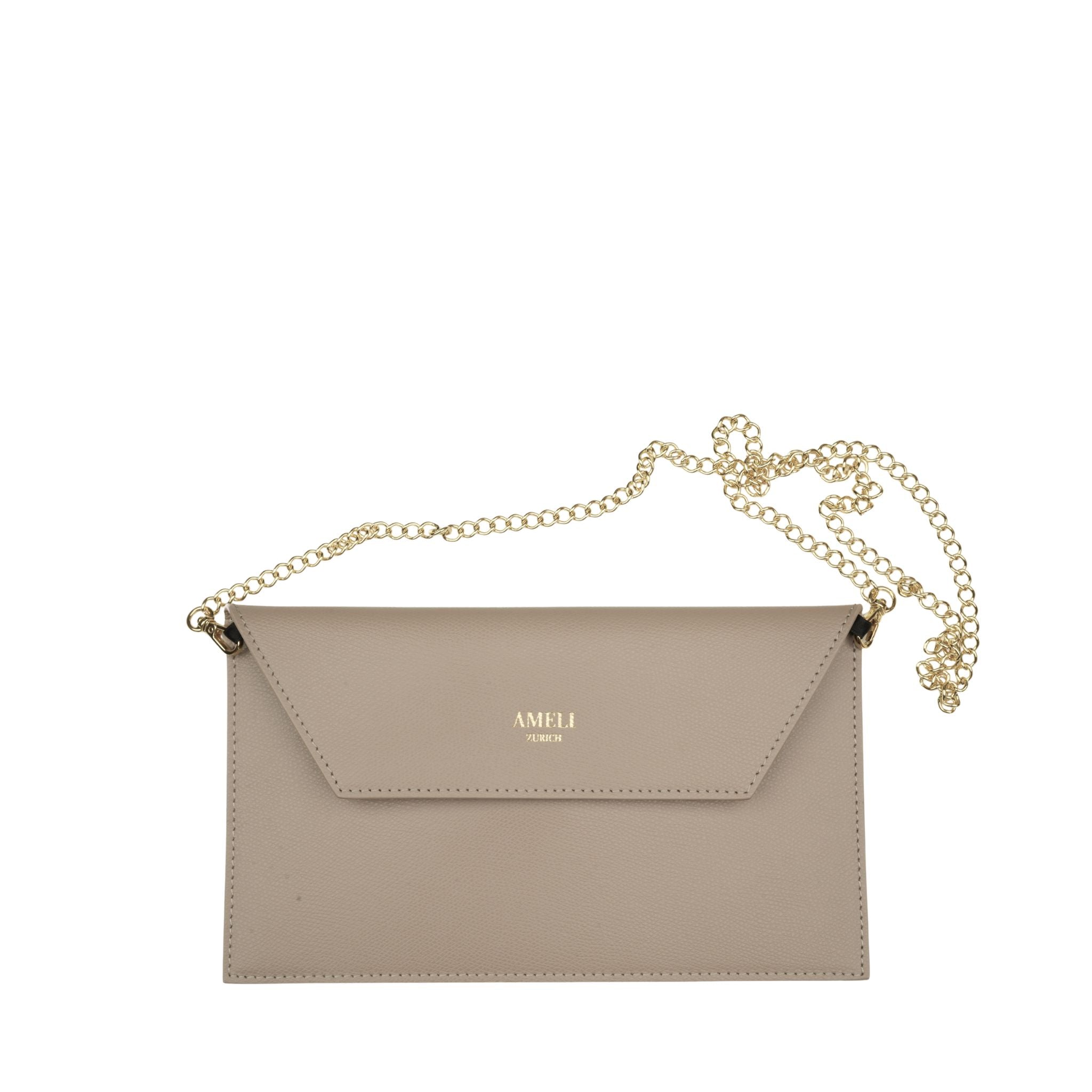 AMELI Zurich | Clutch | Cappuccino | Pebbled Leather | Front with gold chain
