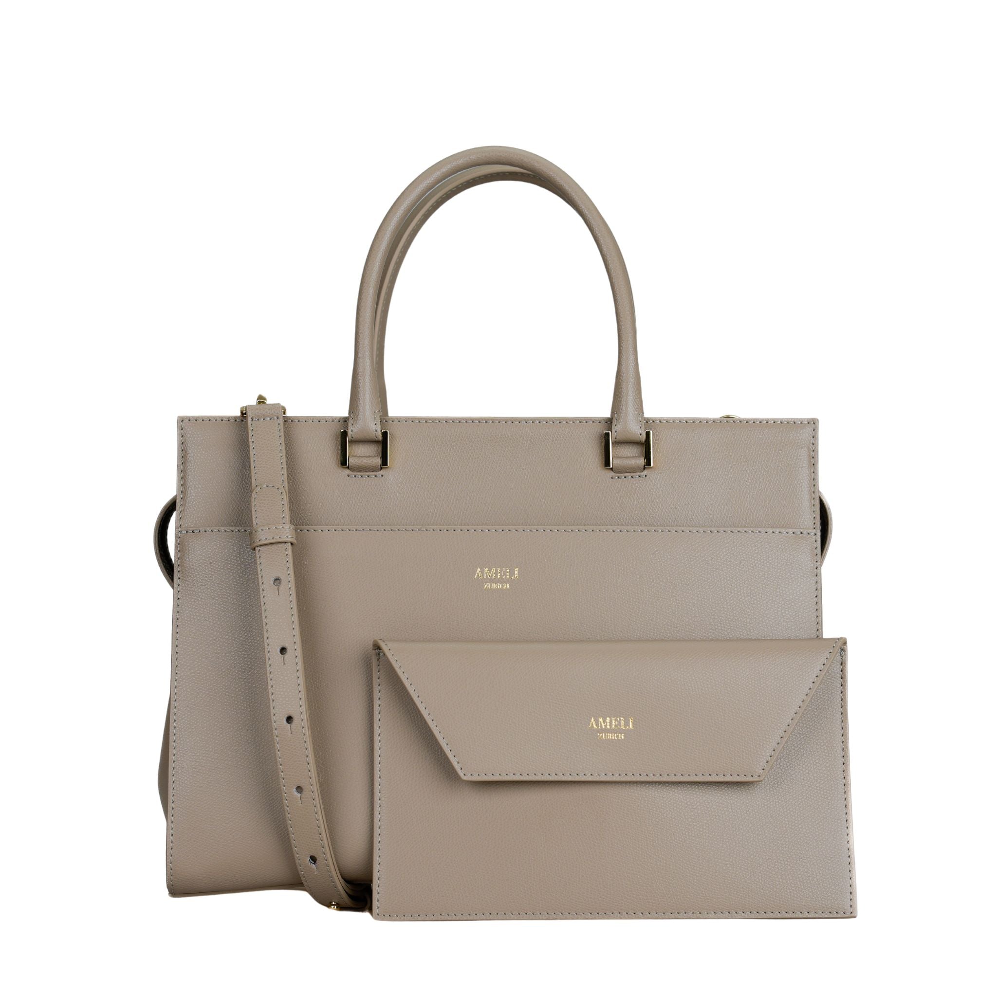 AMELI Zurich | CENTRAL | Cappuccino | Pebbled Leather | Laptop bag + Clutch