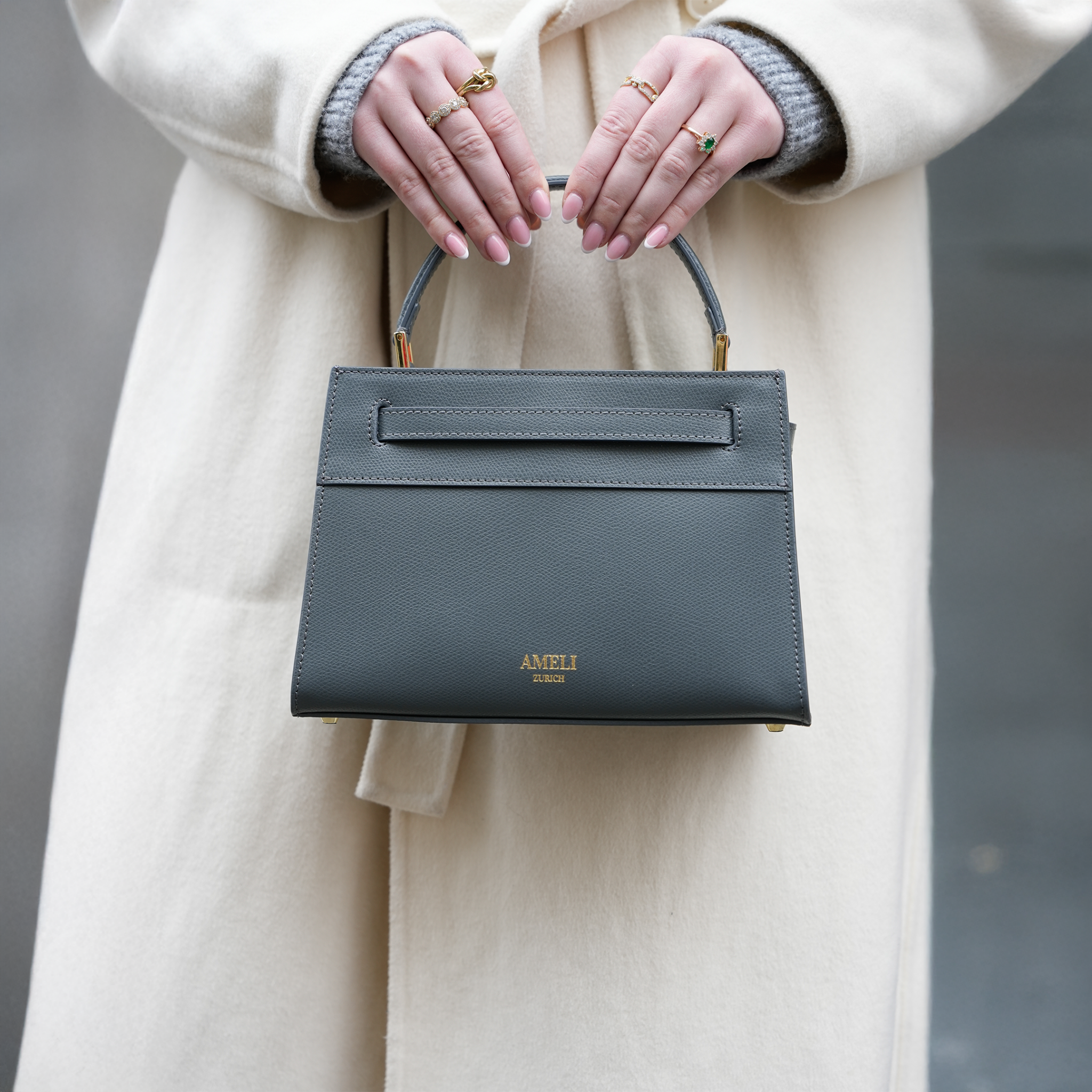 AMELI Zurich | SEEFELD MINI | Dark Grey | Pebbled Leather | Top-handle bag